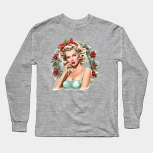 Vintage Christmas Wreath Blonde Pinup Long Sleeve T-Shirt